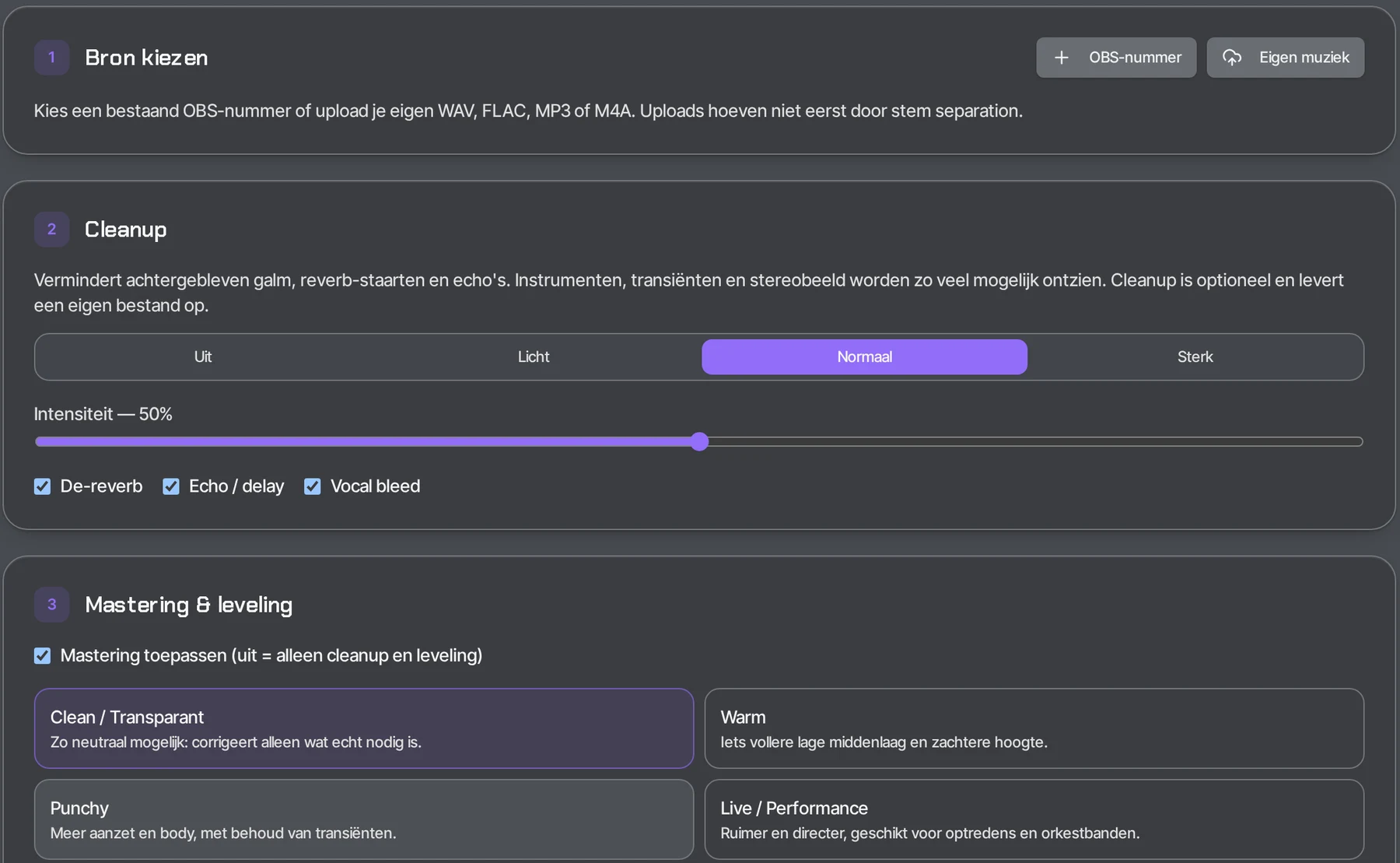 OBS Mastering & Cleanup instellingen